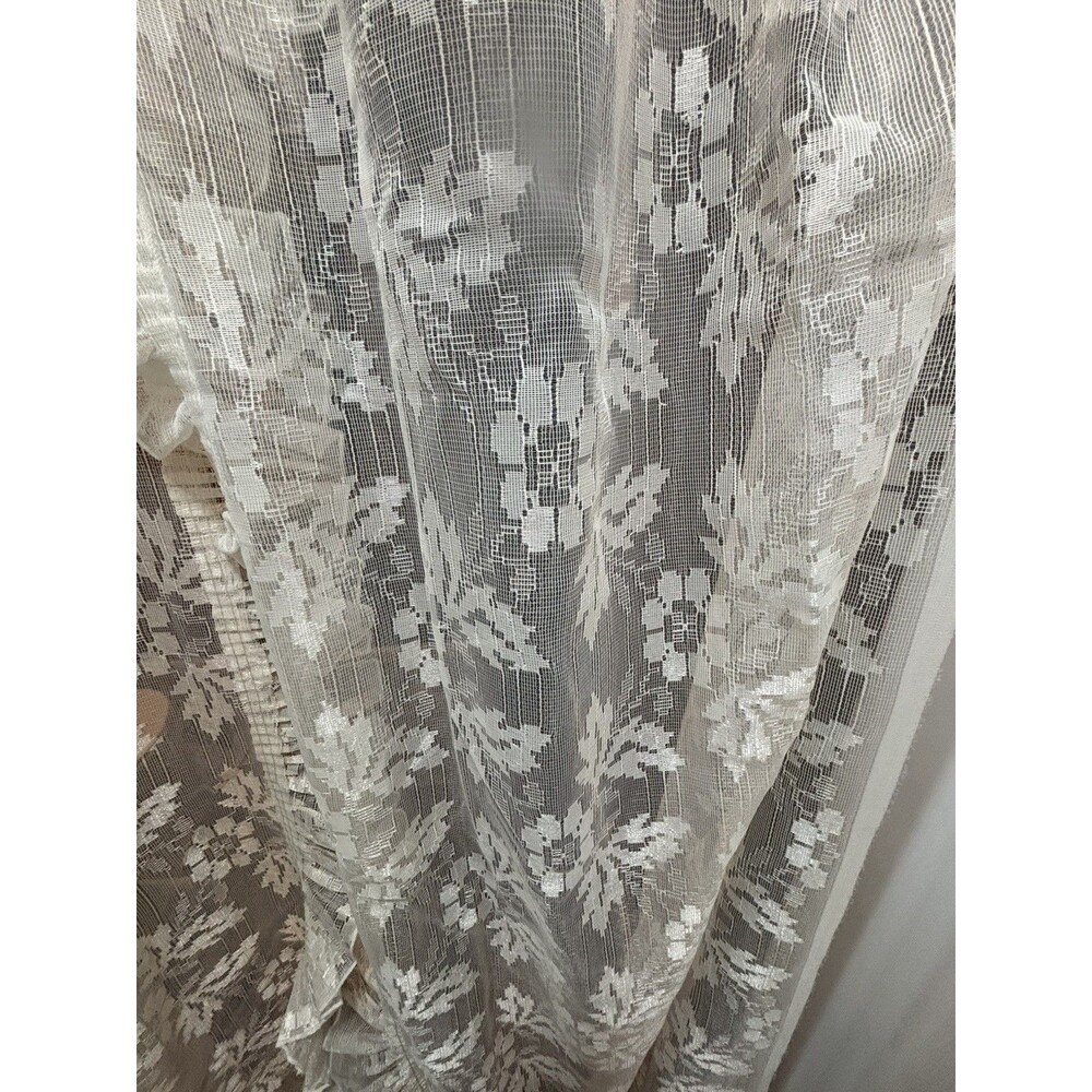 Vtg Ivory Floral Lace Curtain Ruffled Edges Attached Valance 58x84 Cottage Core - Picture 5 of 16